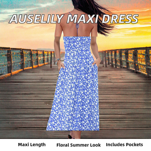 AUSELILY Vestido largo para mujer, sin mangas, estampado floral, estilo bohemio de verano, línea A, holgado, de gasa con bolsillos, vestido informal para vacaciones - Product Image 2