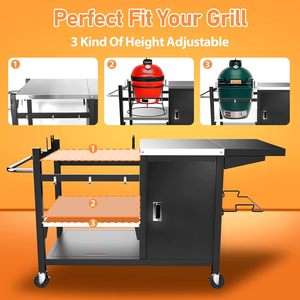 Le chariot de barbecue est compatible avec les barbecues <span class=keywords><strong>Weber</strong></span> <span class=keywords><strong>Kettle</strong></span>, avec étagères réglables sur 3 niveaux, un meuble de rangement, des crochets et un support pour remorque. - Product Image 2