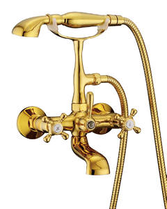 Deck Mount <span class=keywords><strong>เครื่อง</strong></span>ผสมสำหรับห้องน้ำ,ชุดฝักบัวโทรศัพท์หัวทองเหลืองสไตล์ยุโรปโบราณ - Product Image 3