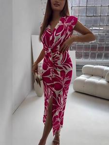 Robe midi pour femme à col en V avec nœud torsadé, style européen et américain, manches courtes, imprimé feuilles abstraites, fente latérale, coupe ajustée, robe de soirée - Product Image 3
