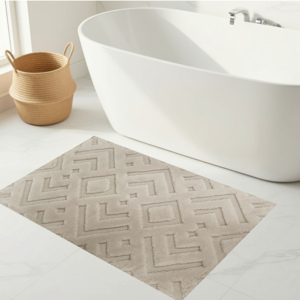 Tapis de bain et tapis de douche en coton recyclé teint en fil jacquard Dize Ecru 60*100cm, production sur mesure, fabriqué en Turquie - Product Image 1