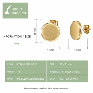 Boucles d'oreilles rondes à clous, en acier inoxydable avec placage sous vide en or 14 carats, boucles d'oreilles minimalistes en cercle de 11 mm, couleur or et argent - Product Image 2