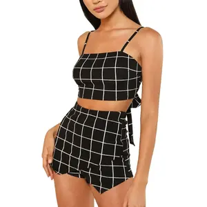 Custom Women Black Grid Crop Cami Top And Overlap Front Shorts Set