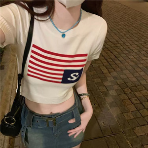 Nouveau T-shirt court tricoté rayé Spice Girls été 2024 pour femme, taille haute amincissante, polyvalent, style Ins - Product Image 1