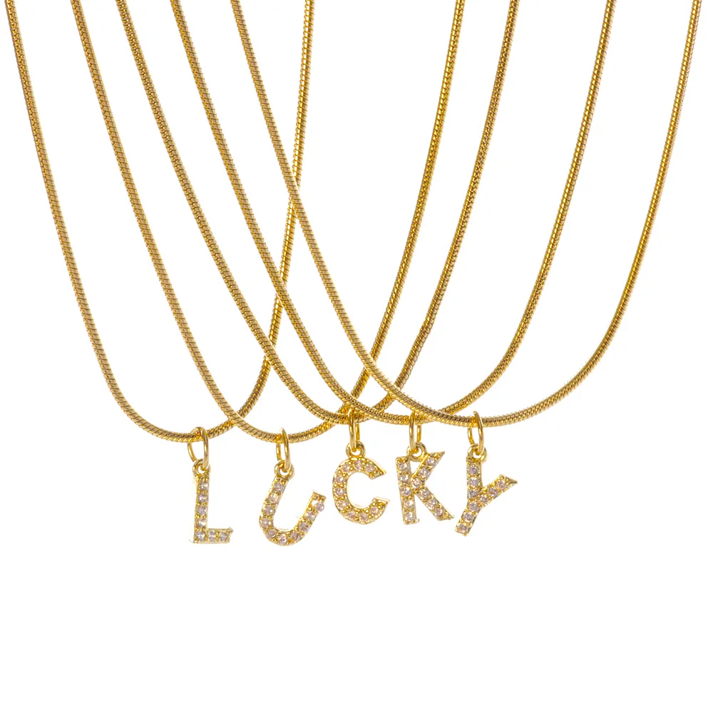 Non Tarnish 18K Gold Stainless Steel Round Snake Chain 26 Letter Necklace Women Zircon Diamond Alphabet Initial Necklace