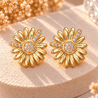 Boucles d'oreilles clous en laiton plaqué or 18 carats avec zircone cubique, motif fleur marguerite tournesol, bijoux de mode pour femmes, vente en gros, OEM personnalisé