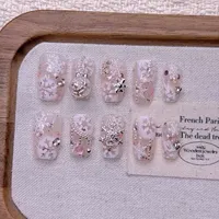 Faux ongles à presser en gros, faits à la main, rose, French manucure, forme courte, en acrylique