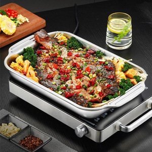 Stainless Steel <b>Grilled</b> Fish Plate Deep Rectangular With Lid Double Handles For Home Seafood Cooking - Product Image 1