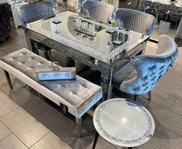 Table à manger moderne en argent miroir avec insert en diamant écrasé, 4 pieds, meubles de salle à manger