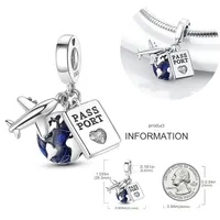 Breloques 925 Argent Sterling Malle Passeport Avion Mignon Globe Perles Zircon DIY Bracelet Bijoux Cadeau Personnalisation