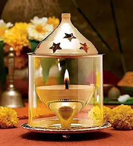 akhand diya oil lamp for puja - large round crystal deepak for home office pooja articles decoration golden