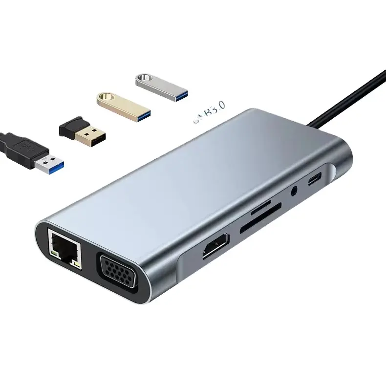 Pasokan langsung dari pabrik perangkat lunak perangkat keras komputer aluminium 11 in 1 Tipe c ke 4k hd-mi vga 100M RJ45 hub pengisian usb Tipe c