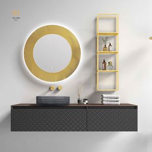 Meuble de salle de bain double vasque à prix d'usine, miroir LED, dessus en marbre, panneau en mélamine en acier inoxydable, motif carré, porte laquée, usage domestique - Product Image 4