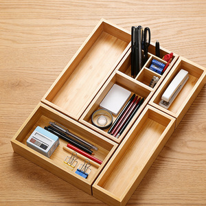 Wooden Drawer Organizer Five Piece Set Rectangular Bamboo Color Utensil <b>Storage</b> <b>Kitchen</b> Cabinet Organizer - Product Image 2