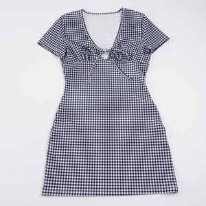 Women's Black White Gingham <b>Mini</b> Dress with V-Neck Tie Front Short Sleeve Bodycon Casual Dress Sexy Slim Fit Summer Dress 2026 - Product Image 6