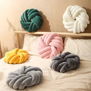 Multi Color Ultra Soft Three-Strand Rope Round Knotted Ball Pillow Sofa Handmade Weaving Velvet Cushion