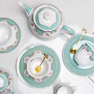 Service à thé et assiettes en porcelaine à motif floral quadrillé rose et bleu de style européen, vente directe du fabricant, matériau céramique - Product Image 3