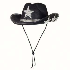 Chapeaux de cowgirl style western avec strass en étoile, personnalisables avec logo, pour Halloween, mariée, ou cowboy, avec corde - Product Image 1