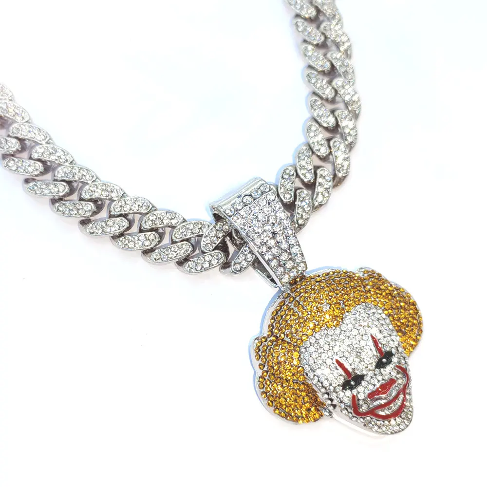Hip Hop 13MM Miami Cuban Chain Iced Out Bling Clown Pendant Necklaces Jewelry payaso colgante collares