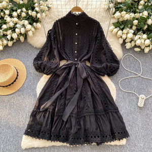 Nouvelle Robe Femme Printemps/Été à Manches Lanterne, Style Rétro, Découpes, Dentelle, Boutonnage Simple, Coupe Ample, avec Lacets - Product Image 5