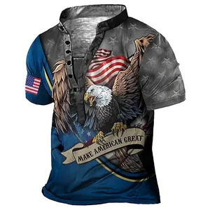 Animal Print T-shirt 3D Printed Eagle Men's Six-button Henry Shirt Retro Fashion Streetwear Casual Loose Hip Hop T-shirt