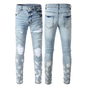 Jeans skinny stretch pour hommes, bleus, de haute qualité, effet usé, style motard, avec trous aux genoux, personnalisables avec patchs, vente en gros - Product Image 2