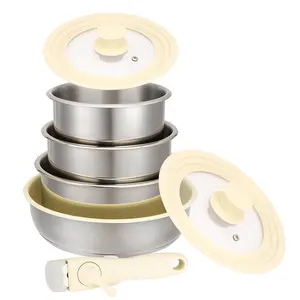 Nhà sản xuất 7 piece không dính thép không gỉ Cookware Set Fry Chảo chậu với tách ra xử lý