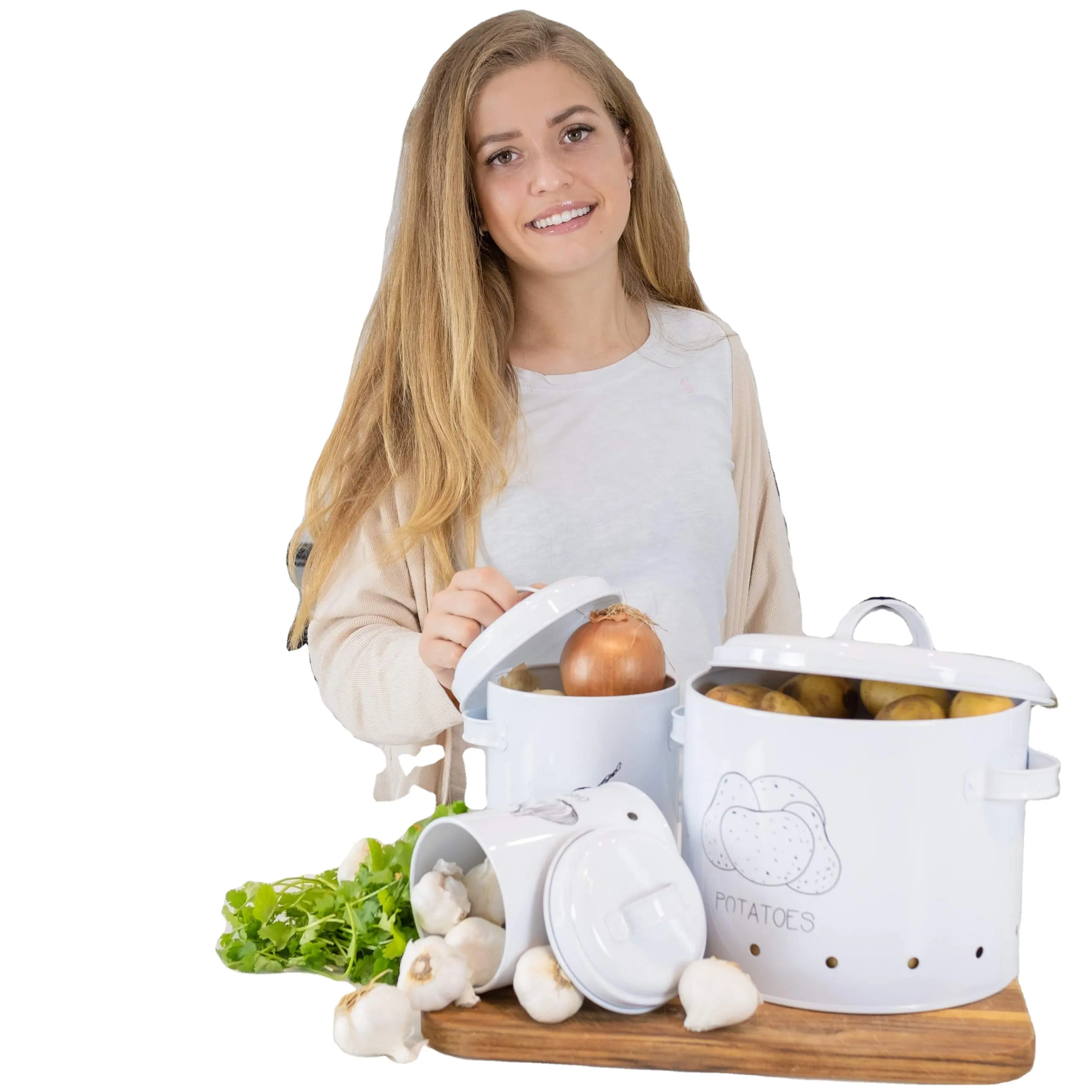 Metall küche Lebensmittel lager Crocks Set mit 3 Kartoffeln Zwiebeln Knoblauch behälter Behälter mit Belüftung zinn Aufbewahrung löcher & Metall deckel