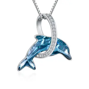 Dolphin Hollow Out Collar Plata esterlina Jumping Waves Crystal 925 Ocean Wave Lovely Fish Colgante Collar