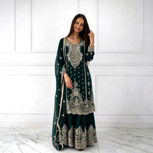 Dark Green Embroidered Indian Pakistani Kurti Palazzo Dupatta Set Floor Length <b>Party</b> <b>Wear</b> - Product Image 1