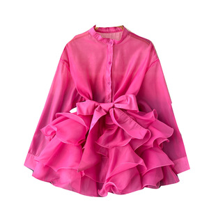 Blusa de Chifón Sólido de Talla Única con Botones, Casual, para Fiesta, Otoño, Ecológica, Transpirable, con Borde de Volantes y Lazo de Alta Calidad para Mujer - Product Image 3