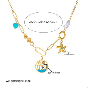 Fashionable Turquoise Beaded Double Layer Chain Stainless Steel Marine Life Pendant Necklace <b>Bracelet</b> <b>Set</b> Women's Party Jewelry - Product Image 4