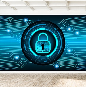 Microcircuit nền tối bức tranh tường lớn cho lớp học khái niệm an ninh mạng với biểu tượng khóa phát sáng kỹ thuật số - Product Image 1