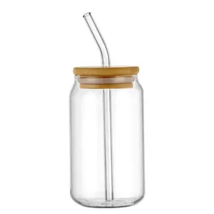 Ly Uống Nước 16Oz Cốc Thủy Tinh Trong Suốt Cốc Thủy Tinh Borosilicate Cao Hình Lon Bia Tái Sử Dụng Có Nắp Tre Và Ống Hút