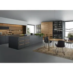 Moderno de madera gris laca mate acrílico diseños de lujo negro de gabinete de cocina de melamina con tire despensa