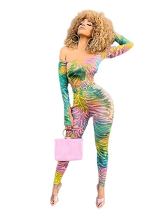 Femmes 2 Pièces Cravate Colorant <span class=keywords><strong>Combinaison</strong></span> <span class=keywords><strong>Grande</strong></span> <span class=keywords><strong>Taille</strong></span> Sexy Hors Épaule Longues Manches Évasées Et <span class=keywords><strong>Pantalon</strong></span> Barboteuses - Product Image 4