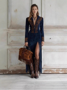 Vestido Vaquero Occidental para <span class=keywords><strong>Mujer</strong></span> con Cremallera, Bordado Floral Vintage y Flecos Largos, Ajuste Delgado, Colección 2026 - Product Image 5