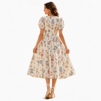 Vestido Midi de Algodón 160G para Mujer, Estilo A-Line con Mangas Abullonadas, Estampado de Flores Silvestres Alpinas, Diseño Campestre Suizo, Logotipo Personalizado OEM, Venta al Por Mayor