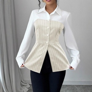 T26551 Camisa Casual Feminina de Manga Longa Listrada Slim-fit para Outono, Blusa de Tecido Stretch de Alta Qualidade para Mulheres - Product Image 3
