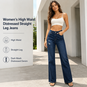 Jeans a Vita Alta e Gamba Larga in Denim Strappato per Donna, Stile Casual e Comodo, Lunghezza Intera, Blu, in Cotone, Stile Autunnale - Product Image 2