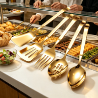 Ensemble d'ustensiles de cuisine de luxe en acier inoxydable avec spatule de service, fourchette et cuillère ajourée pour buffet et service alimentaire, couleur et logo personnalisables
