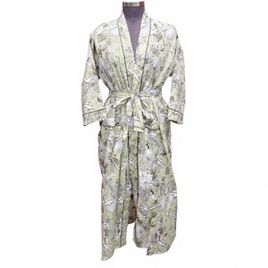 Kimono de Algodón con Estampado Animal, Hecho a Mano con Técnicas Tradicionales, Bata de Dormir para Mujer, Cuello en V, Cierre con Cinturón, Largo Completo, Secado Rápido, Suave, para Otoño - Product Image 1