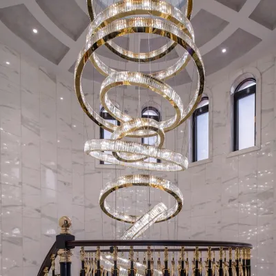 आधुनिक सरल Upscale अंगूठी झाड़ बड़े समकालीन क्रिस्टल लंबी सीढ़ी लॉबी कमरे में रहने वाले झूमर प्रकाश