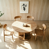 Table à manger ronde moderne en marbre travertin beige à base superposée, 8 places, pour salles à manger à thème naturel