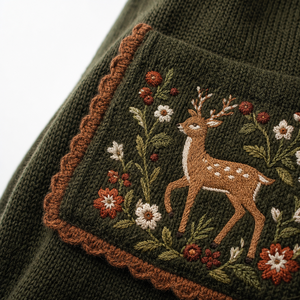 <span class=keywords><strong>Cardigan</strong></span> court personnalisé pour femme, broderie florale cerf, poche plaquée, bordure festonnée, boutonnage, manches longues, vente en gros OEM en vrac - Product Image 3