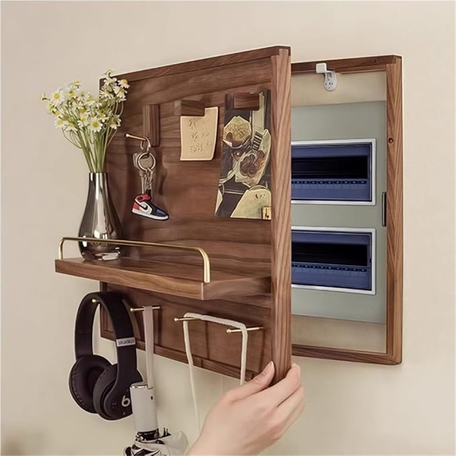 Modern Wooden Electric Panel Cover, Decorative Breaker Box with Hooks & Shelf, Fuse Box for Wall Storage in Entryway Living Room