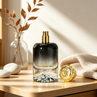 Flacon de parfum en verre personnalisé de luxe, 30/50/100 ml, cylindrique, dégradé de couleurs, fond épaissi effet montagne enneigée, bouchons dorés en forme de couronne