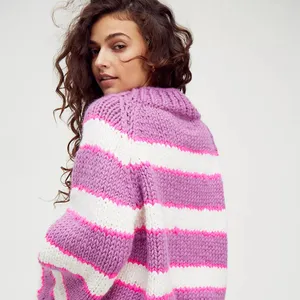 Stripe chunky knit oversized long sleeve custom women's cropped sweater with scoop neckline