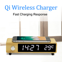 Réveil numérique en bois rétro avec bouton en bambou, chargeur sans fil 5W 10W, charge rapide sans fil Qi, horloge de bureau et de table