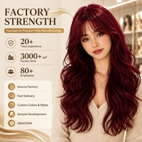 Perruque synthétique bordeaux longue ondulée effet mouillé avec frange pour femme, résistante à la chaleur, ligne de cheveux naturelle, sans colle, ajustable, OEM